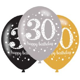 6 Globos Happy Birthday Elegant 30 Años Dorado 28 cm