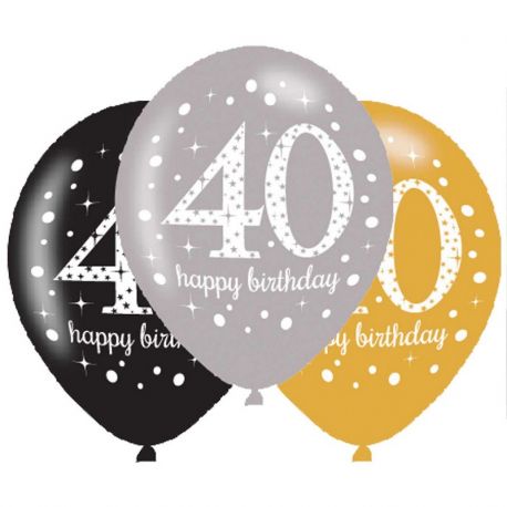 6 Globos Happy Birthday Elegant 40 Años Dorado 28 cm