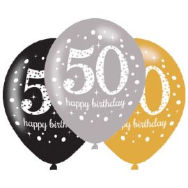 6 Globos Happy Birthday Elegant 50 Años Dorado 28 cm