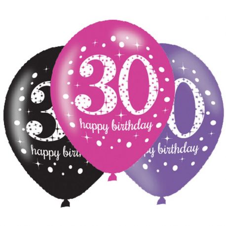 6 Globos Happy Birthday Elegant 30 Años Rosa 28 cm