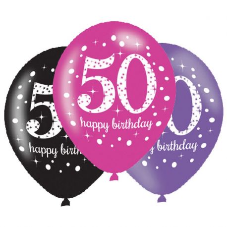 6 Globos Happy Birthday Elegant 50 Años Rosa 28 cm