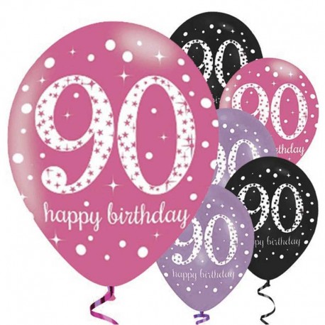 6 Globos Happy Birthday Elegant 90 Años Rosa 28 cm