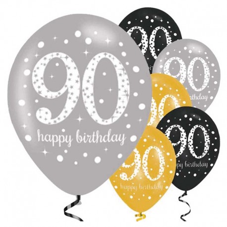 6 Globos Happy Birthday Elegant 90 Años Dorado 28 cm