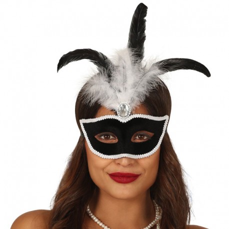 Antifaz Terciopelo Negro Con Pluma Blanca