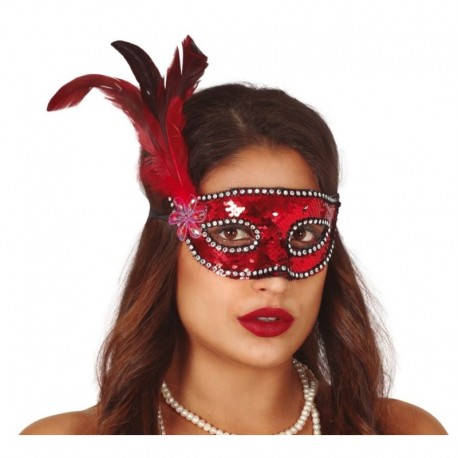 Antifaz Lentejuelas Rojo Con Pluma