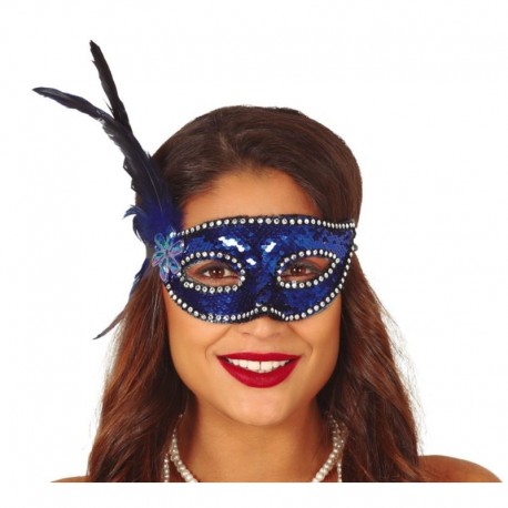 Antifaz Lentejuelas Azul Con Pluma