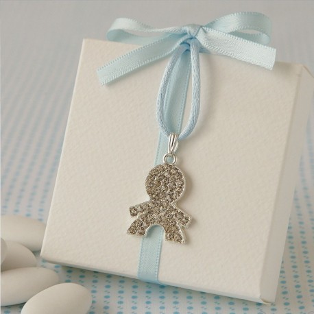 Caja Blanca Lazo Azul con Colgante Niño Strass y 5 Peladillas