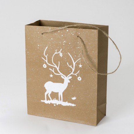 6 Bolsas Kraft Ciervo Blanco Asas y Purpurina 20x25 cm