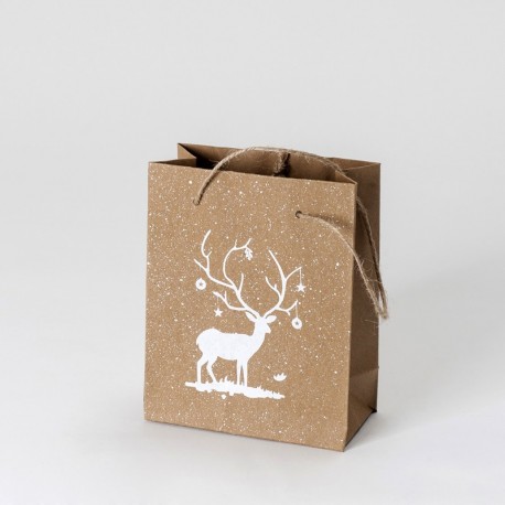 12 Bolsas Kraft Ciervo Blanco Asas y Purpurina 12 x 15 cm