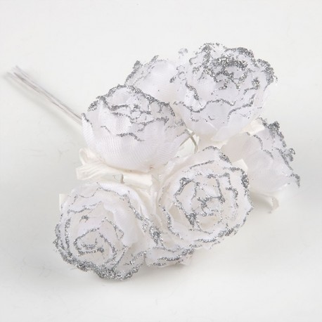 12 Flores Blancas con Purpurina Plateada