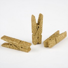 12 Pinzas de Madera con Purpurina de Oro 3,5 cm