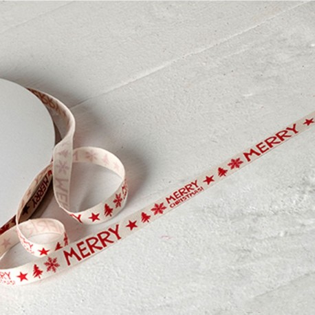 Cinta Algodón Marfil Print Rojo Merry Christmas 10mmx50mts