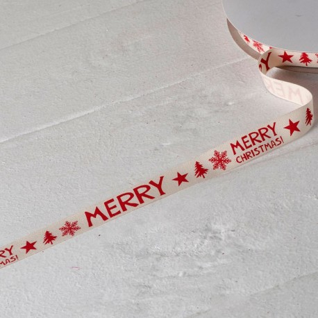 Cinta Algodón Marfil Print Rojo Merry Christmas 15mmx50mts