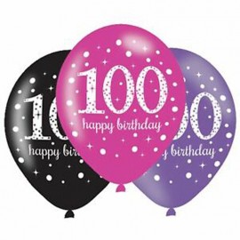 6 Globos Happy Birthday Elegant 100 Años Rosa 28 cm