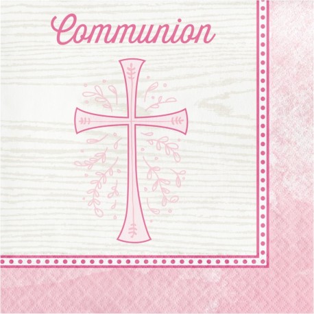 16 Servilletas Comunión Cruz Rosa 33 Cm