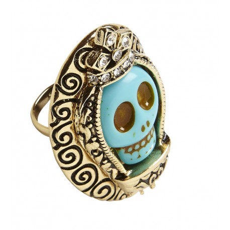 Anillo Dorado con Calavera Azul y Strass