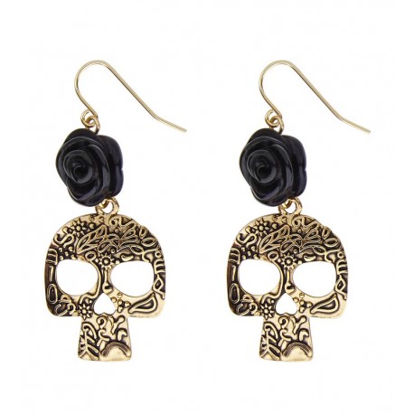 Pendientes de Calavera Dorada con Rosa Negra