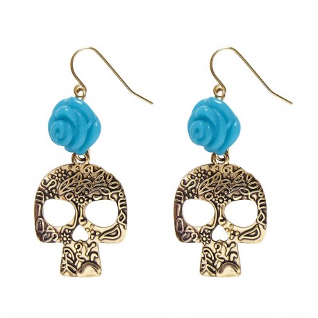 Pendientes de Calavera Dorada con Rosa Azul