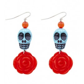 Pendientes de Calavera Azul con Rosa Roja Pendientes de Calavera Azul con Rosa Roja