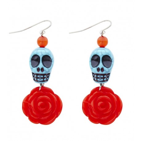 Pendientes de Calavera Azul con Rosa Roja