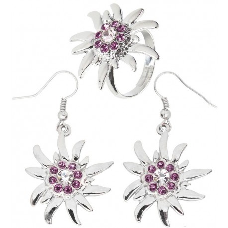 Pendientes y Anillo Edelweiss con Strass Rosa