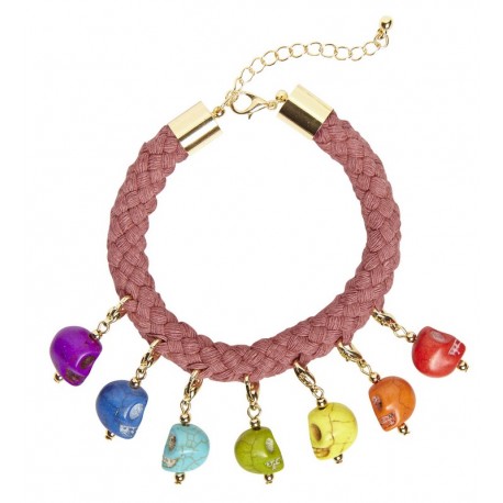 Pulsera de Cuerda con 7 Calaveras de Colores