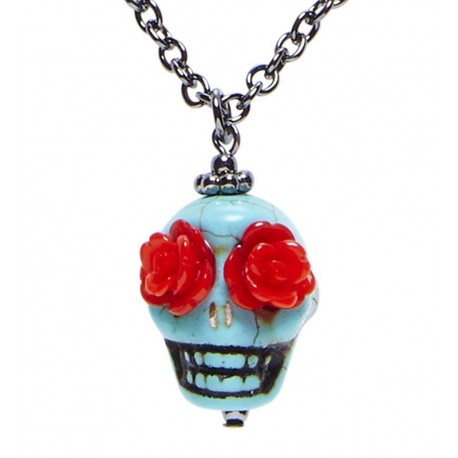 Collar Calavera Azul con Ojos de Rosa