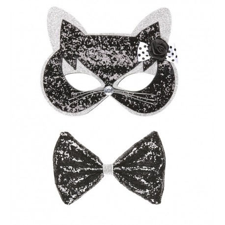 Set Gato con Antifaz y Pajarita Purpurina