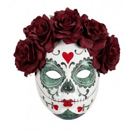 Máscara Catrina con Purpurina y Rosas Bordeaux