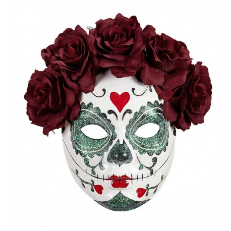 Máscara Catrina con Purpurina y Rosas Bordeaux