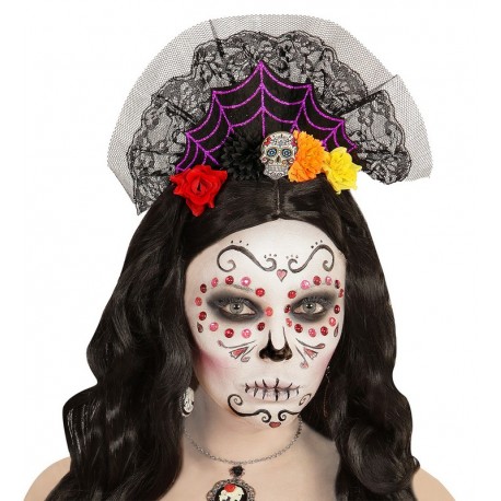 Disfraz De Día De Los Muertos Para Mujer – Diadema Con Velo Y Rosa Negra, Tatuajes Faciales Que Brillan En La Oscuridad, Guantes De Encaje Negro, Set Completo Para Halloween