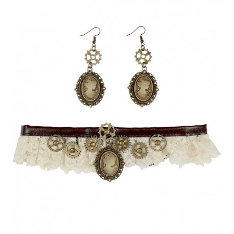 Collar de Encaje y Pendientes Steampunk