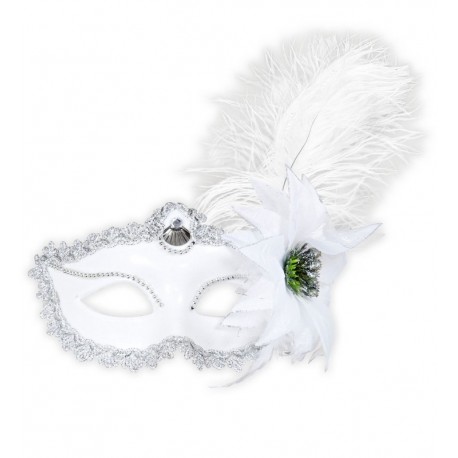 Antifaz Blanco con Rosa y Plumas