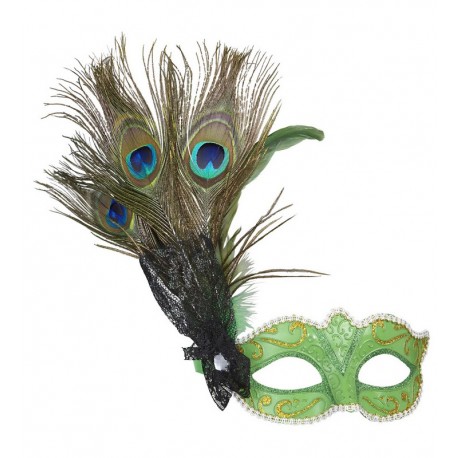 Antifaz Pistacho con Decoraciones y Plumas