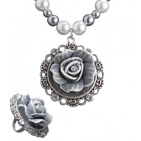 Set de Collar y Anillo Perlas y Rosa