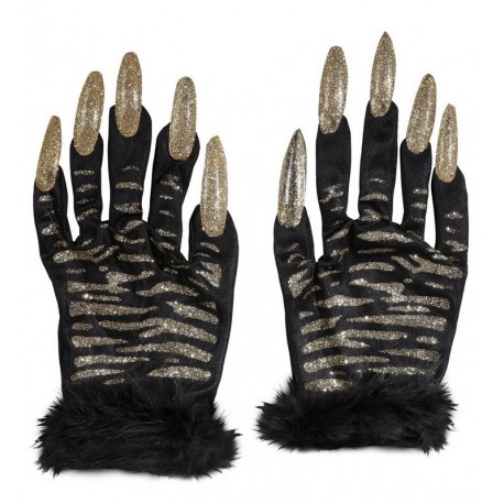Guantes Tigre con Uñas con Purpurina Dorada