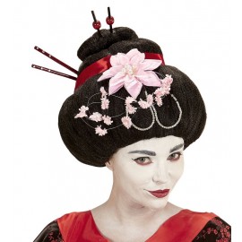 Peluca Geisha con Flores y Palillos