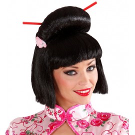 Peluca Japonesa Con Flores y Palillos