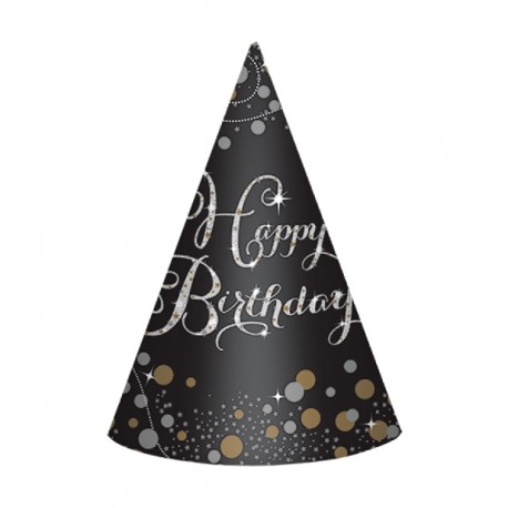 8 Gorros Elegant Cono Feliz Cumpleaños