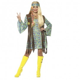 Disfraz de polluelo Hippie 60 con vestido multicolor