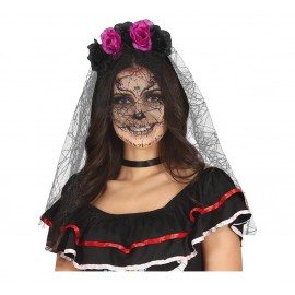 Diadema Flores Lila Negras Con Velo Diadema Flores Lila Negras Con Velo
