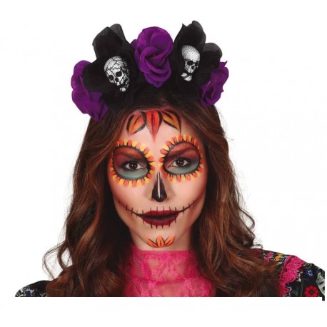 Diadema Flores Negras Y Lilas Con Calaveras