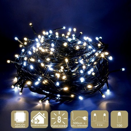100 Luces Led 8 Funciones Blanco y Amarillo 8 Funciones Cadena 500 Cm