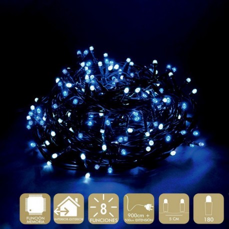 180 Luces Led 8 Funciones Blanco y Azul Cadena 900 Cm