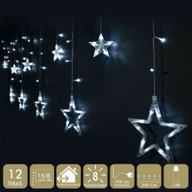 Cortina Estrellas 138 Led Blanco 8 Funciones 12 Tiras Extensión Cable 150 Cm