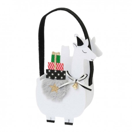 Cesto navideño de fieltro llama blanca y asas negras 7x9x6cm