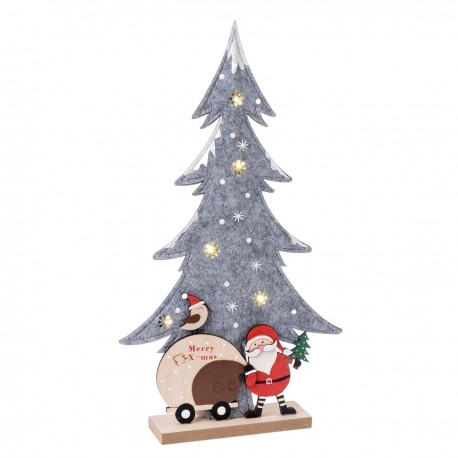 Árbol de fieltro gris con Papa Noel base y madera 5 LEDS 23x44,5x5cm