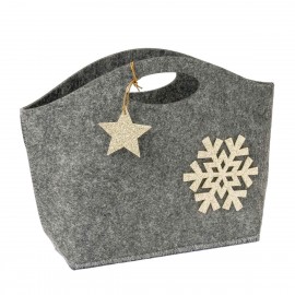 Cesto navideño gris y detalles purpurina en oro 26x19x7cm
