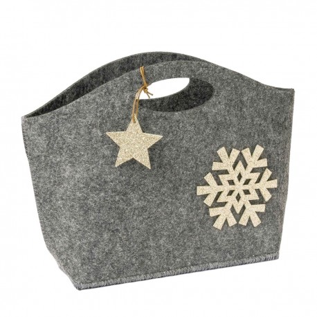 Cesto navideño gris y detalles purpurina en oro 26x19x7cm