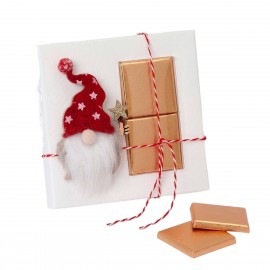 Caja blanca con 2 chocolatinas y gnomo con estrella de purpurina dorada 10x10cm